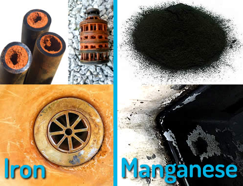 Iron Manganese contamination of drinking water Examples of Iron buildup and Orange staining caused by excess Iron and Manganese black sludge in potable drinking water sources.